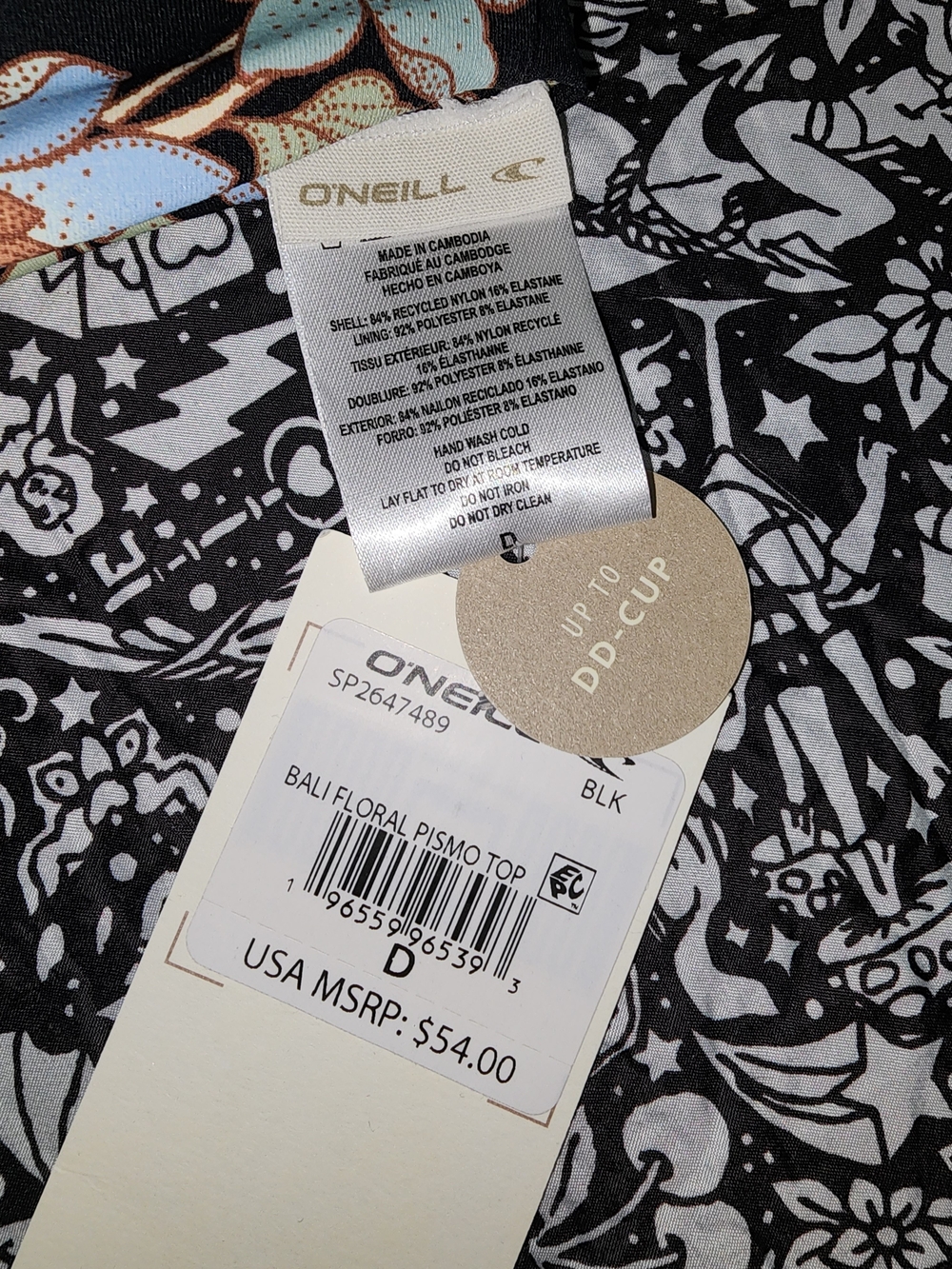 O'Neill Black Floral Triangle Bikini Top with Pastel Blue and Peach Blooms - Picture 2 of 4